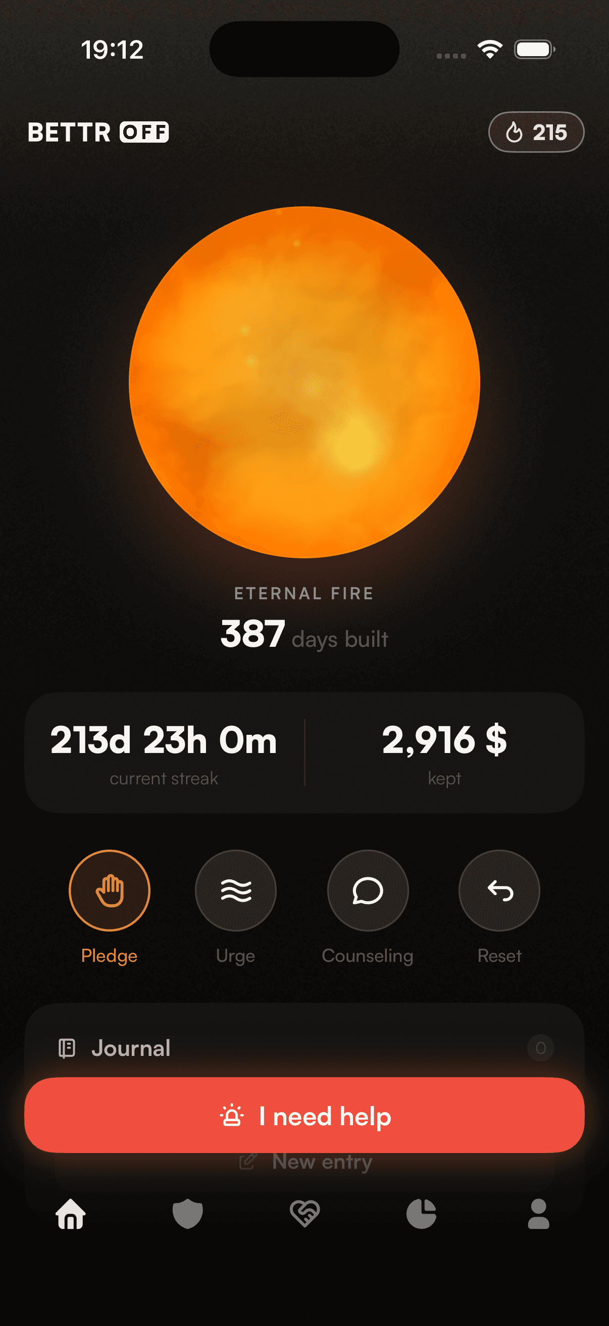 BETTR OFF app: home with the flame